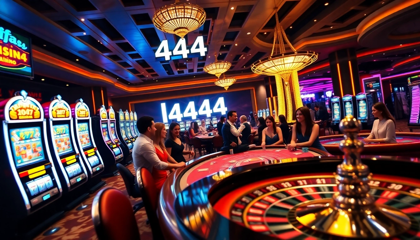 Players enjoying the thrill of the casino with "l444" highlighted on screens amidst vibrant slot machines.