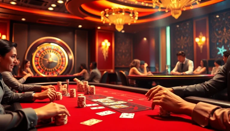Experience the thrill of gambling at UU88 with players at a poker table, chips piled high amidst the vibrant casino atmosphere.