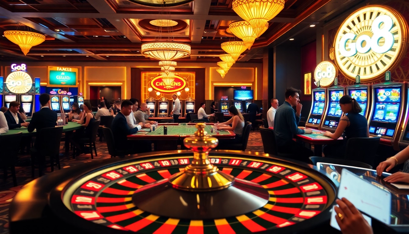 In a bustling casino, patrons celebrate wins at various tables while the Go8 logo subtly enhances the atmosphere of luck and excitement.