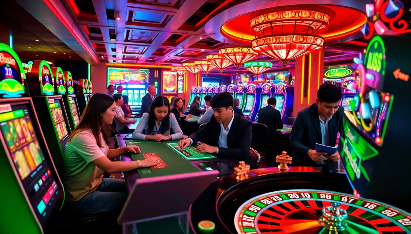 New 88 casino scene with vibrant tables, players, and spinning roulette wheels.