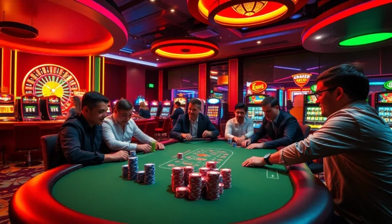 Players gathered around a poker table as they strive to ku win, surrounded by colorful chips and dynamic casino lights.