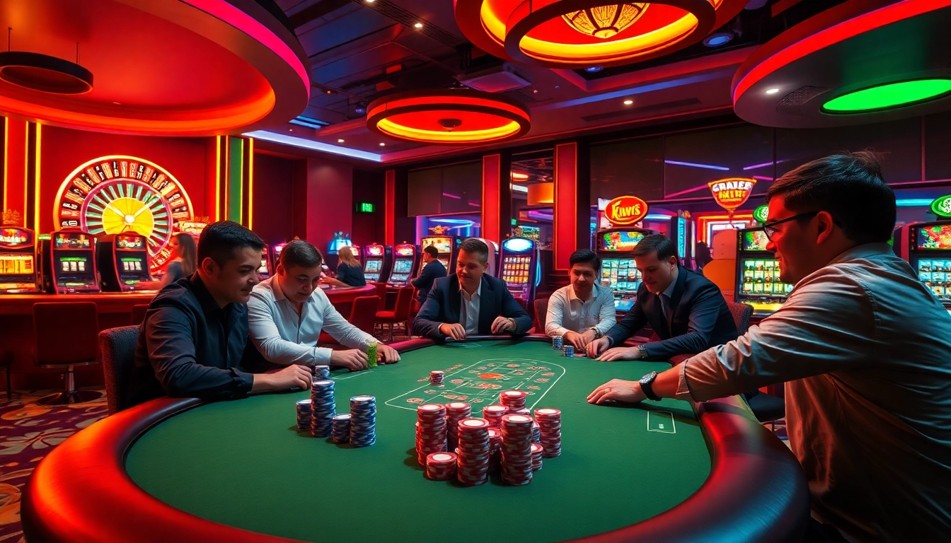 Players gathered around a poker table as they strive to ku win, surrounded by colorful chips and dynamic casino lights.