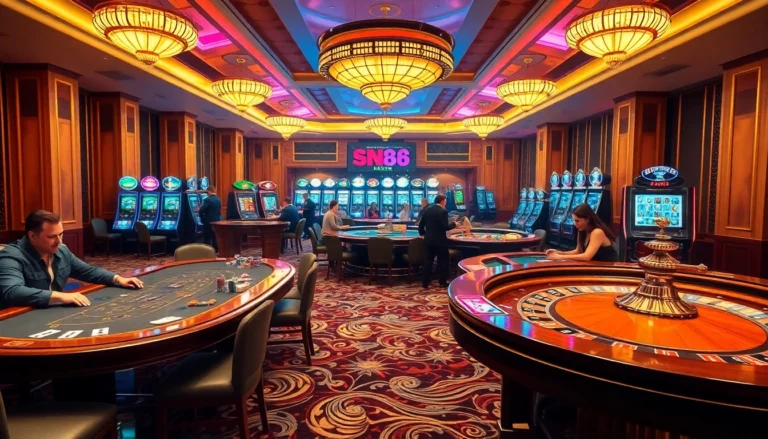 Experience excitement at sn88's casino with vibrant gaming tables and thrilling roulette wheels.