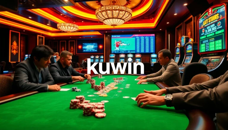 Experience the thrill of kuwin at an upscale casino poker game with vibrant chips and intense players.