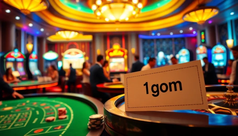 Players at a casino engaging with tables featuring "1gom" betting slips, surrounded by vibrant slot machines and exciting atmosphere.