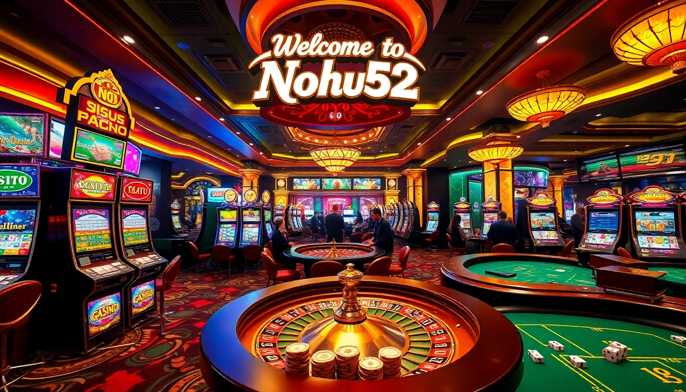 Nohu52 casino scene showcasing vibrant slot machines and roulette tables filled with players enjoying thrilling games.