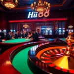 Hi88 Casino scene featuring players around a blackjack table, capturing the thrill of gambling excitement.