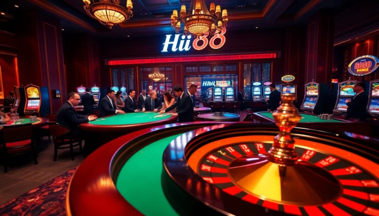 Hi88 Casino scene featuring players around a blackjack table, capturing the thrill of gambling excitement.