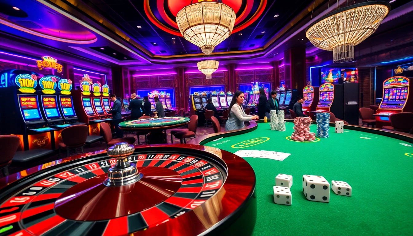 Experience thrilling gameplay at https://kp88vip.com/ with vibrant casino scenes featuring lively tables and colorful poker chips.